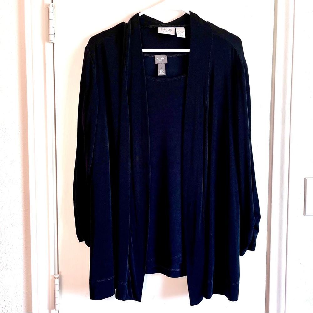 Chicos Travelers Black Cardigan & shirt set Open Front Long jacket XL slinky